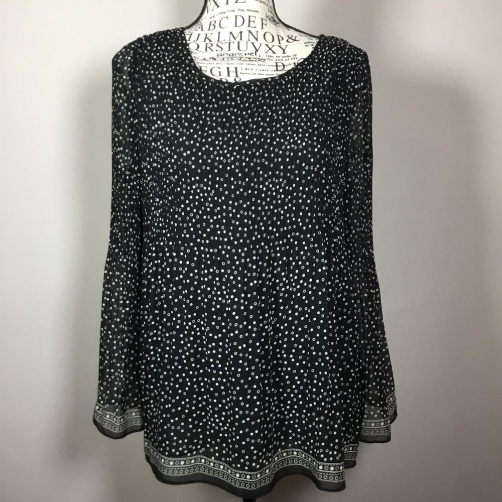 Black white polka dot top long bell sleeves sheer lined witchy boho hippie M